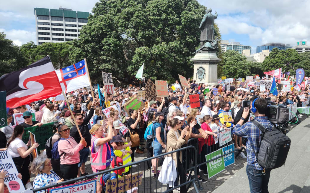 Striking teachers outside Parliament.