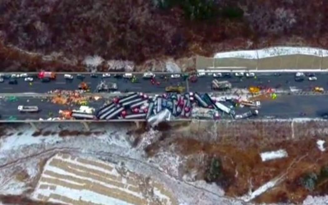 Aerial shots of the 56-vehicle pile-up  North China's province of Shanxi show the full extent of the crash.