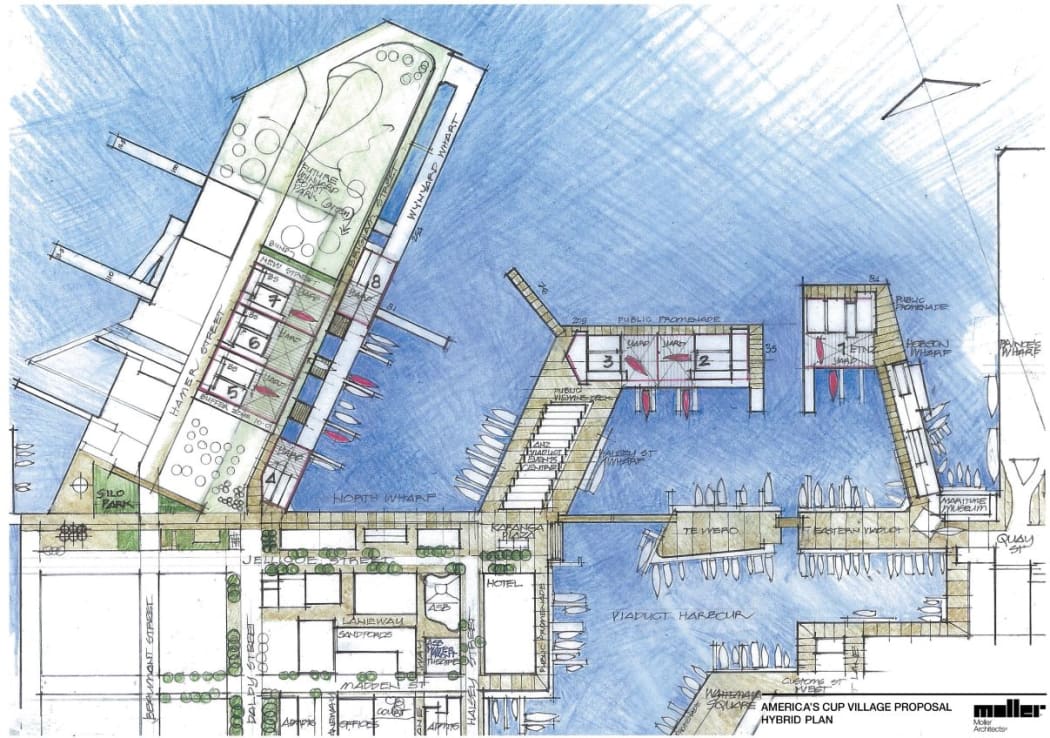 An artist impression of the government's alternative plan for an America's Cup Village, with more bases on Wynyard Point.