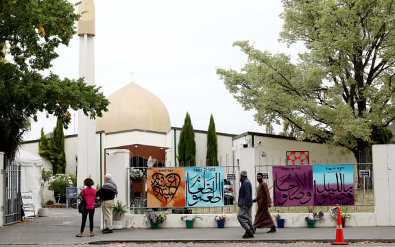 Members of the Muslim community arrive at the Al Noor mosque on the 15 March 2020, the anniversary of the terror attack.
