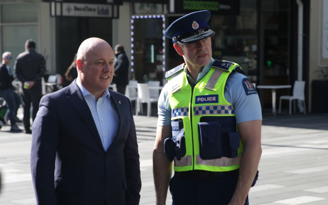 Prime Minister Christopher Luxon and Police Commissioner Andrew Coster walk the beat in Auckland.