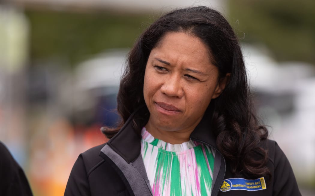 Hawke's Bay Regional councillor Hinewai Ormsby briefing the media in Hastings on 16 February 2023 in the wake of Cyclone Gabrielle.