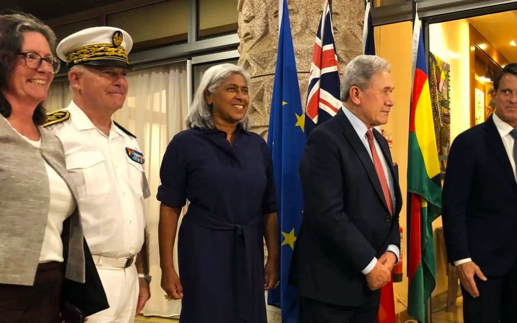 [right to left] French minister for Overseas Manuel Valls meets New Zealand deputy Prime Minister Winston Peters with French Ambassador for the Pacific Véronique Roger-Lacan, outgoing French High commissioner Louis Le Franc and New Zealand Consul General Mary Thurston on Thursday 1 May 2025