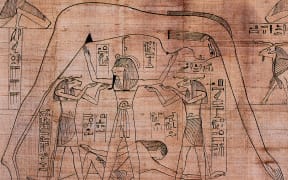 Detail from the Greenfield Papyrus depicting the air god Shu, assisted by the ram-headed Heh deities, supporting the sky goddess Nut as the earth god Geb reclines beneath.