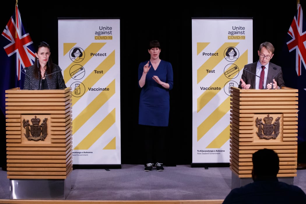 Prime Minister Jacinda Ardern and Director General of Health Dr Ashley Bloomfield update the Covid-19 situation at the daily 1pm press conference in the Beehive Theatrette.
