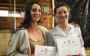 Cousins Megan Whitehead and Hannah McColl with their female shearing duo World Record