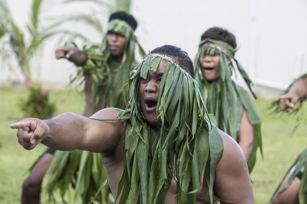 The New Zealand visitors are welcomed to Niue with a Takalo, a traditional war dance.