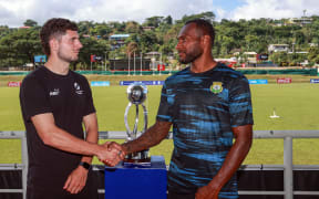 New Zealand's Liberato Cacace and Vanuatu's Brian Kaltak. OFC Nations Cup 2024 Final Press Conference, FreshWater Stadium Port Vila, Friday 28 June 2024. Photo: Shane Wenzlick / www.phototek.nz