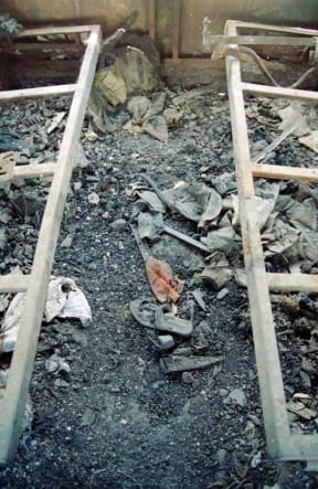 Burnt train carriage at Godhra, Gujarat 2003.