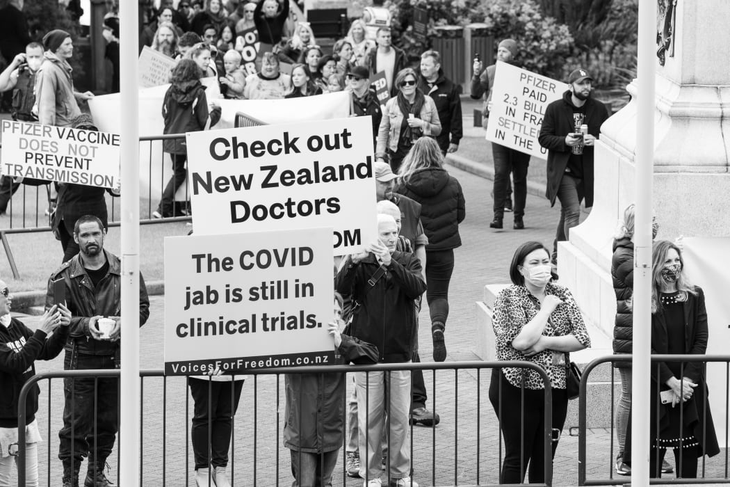 A handful of anti-vax protestors (unmasked) arrive in Parliament's grounds where a few onlookers (masked) had been watching the arrival of the Governor General designate.