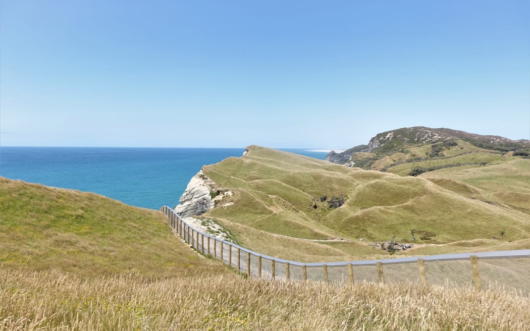 The 200m predator fence at Cape Farewell and Farewell Spit in the distance.