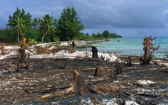 Photo taken 06 June 2000 of part of the atoll of Mururoa, four years after the cessation of French nuclear testing. Almost all the installations that sheltered up to 3,000 people for 30 years have been dismantled , giving the natural vegetation a chance to grow again.