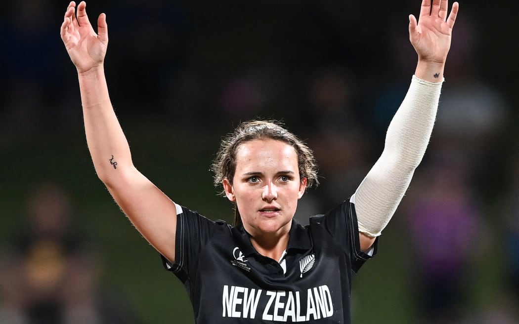 New Zealand's Amelia Kerr celebrates.