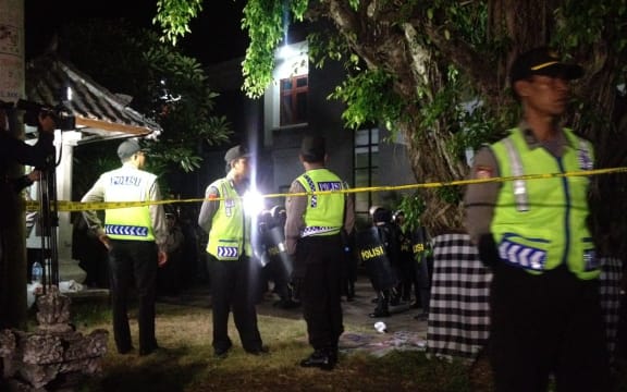 Indonesian riot police outside Kerobokan prison in Bali before the prison transfer of Andrew Chan and Myuran Sukumaran.