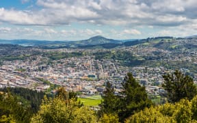 Views towards the city from the lookout at the Centennial Memorial on Signal Hill Dunedin Otago South Island New Zealand