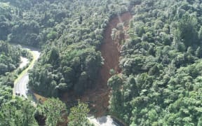 Waka Kotahi says a temporary track has been cut through this large slip at the southern end of Mangamuka Gorge.