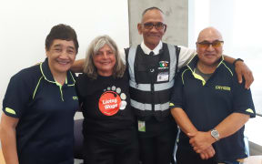 Celebrating Kapiti District Council becoming the first District Council to achieve living wage employer accreditation. Left to right Jacqui Aliva, Lyndy McIntyre, Jim Babbington, and Fale Aliva.