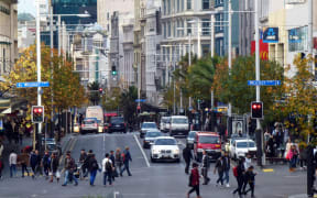 280214. Photo Todd Niall / RNZ. Auckland's Queen Street cnr Wellesley.