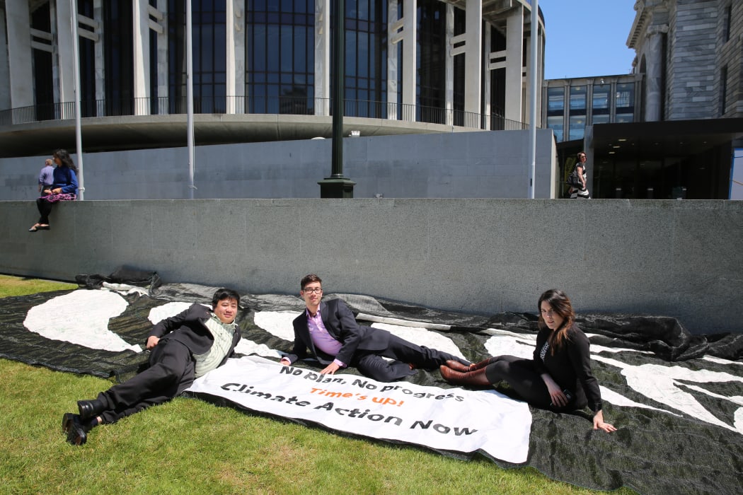 Francisco Hernandez, James Young-Drew and Lisa McLaren outside Parliament, just before they left for Paris as part of the New Zealand Youth Delegation to the UN climate talks.