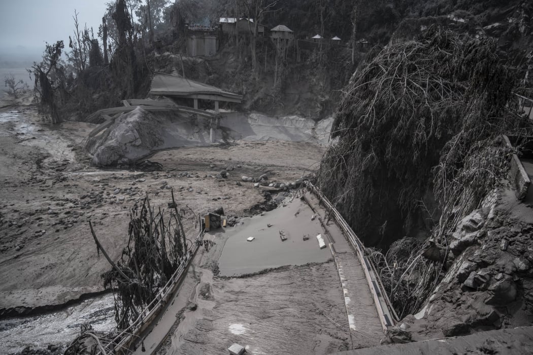 An area is seen covered in volcanic ash at Sumber Wuluh village in Lumajang on December 5, 2021, after the Semeru volcano eruption that killed at least 13 people.