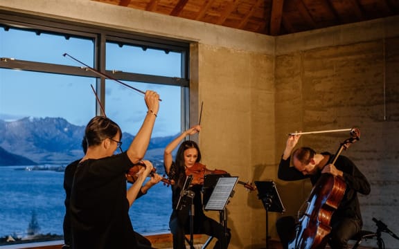 String Quartet on stage at Rippon Hall, Lake Wanaka.