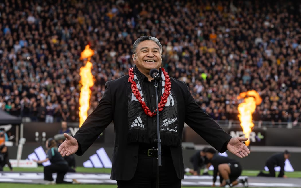Ex-All Black Eroni Clarke sings the national anthem before the All Blacks v Australia 2025 Rugby Championship test match at Eden Park om 27 September  2025