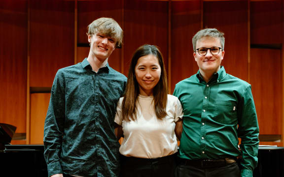 The finalists of the 2024 National Concerto Competition in Christchurch. Peter Gjelsten, Hazuki Katsukawa, and Ben van Leuven