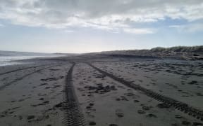 Police vehicle tracks on Fitzroy Beach where a body was found on Monday morning.