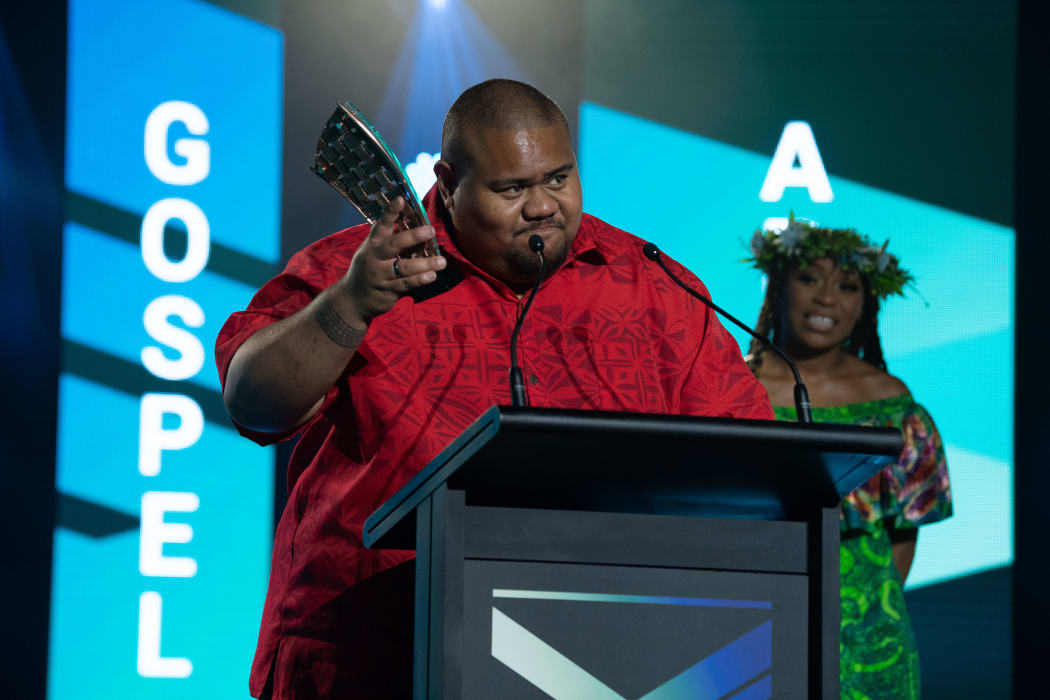 Gospel singer Lani Alo accepts one of his two awards at the 2020 Pacific Music Awards