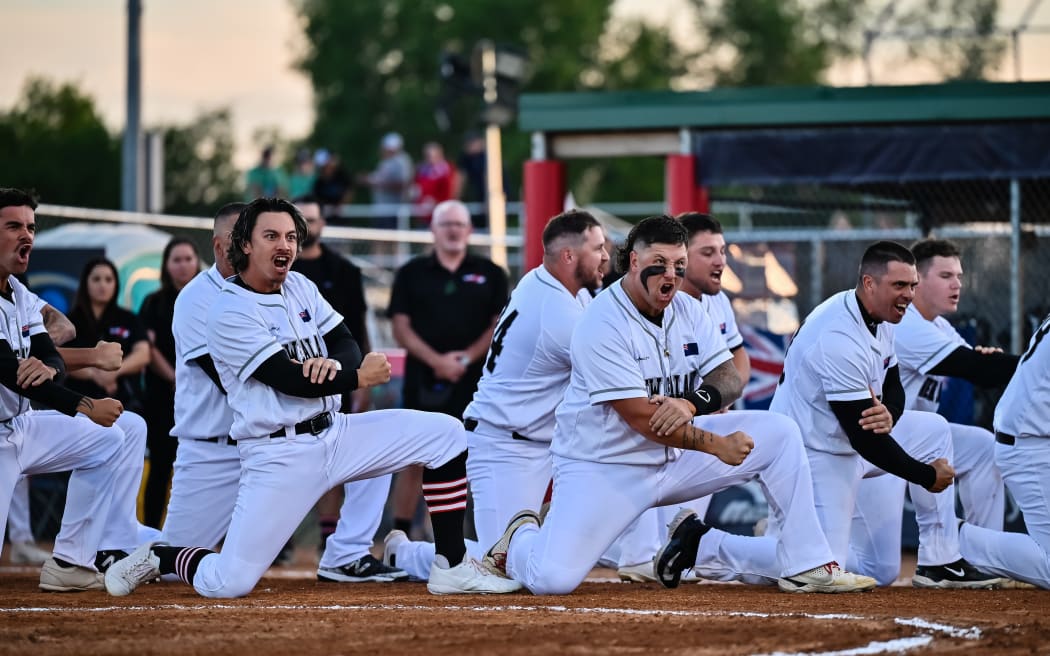 The New Zealand Black Sox deliver a strong haka at the WBSC Softball World Cup 2025 in Prince Albert, Canada.