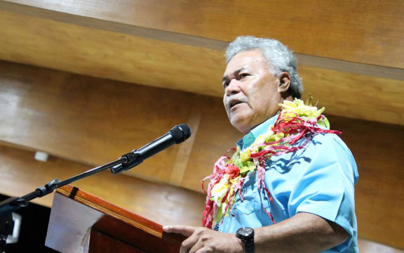 Tuvalu's prime minister Enele Sopoaga speaking at the opening of the Pacific Islands Forum meeting in Funafuti. August 2019