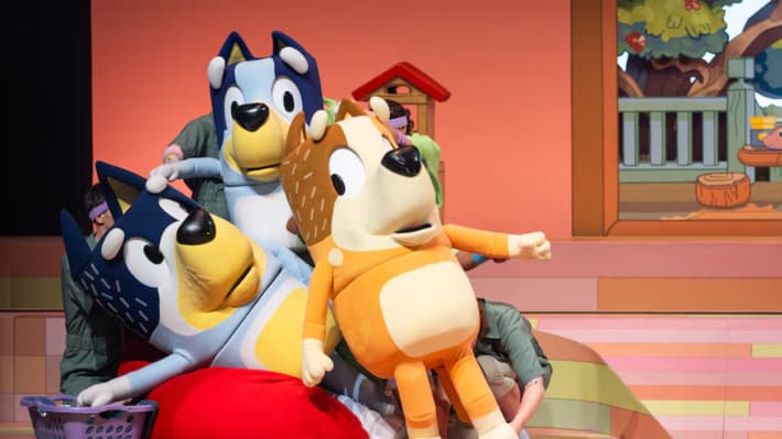 In a new TV special, Bluey's Big Play, families can watch a 45-minute stage production of the popular cartoon.
