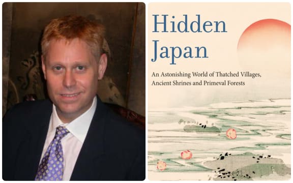 On the left author Alex Kerr looks towards the camera. He is wearing a black suit and purple tie. On the right is the cover of his book "Hidden Japan". The cover features a Japanese style watercolour with the sun setting over a pond of lilies.