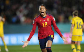 Salma Paralluelo of Spain and Barcelona celebrates after scoring her sides first goal during the FIFA Women's World Cup Australia &amp; New Zealand 2023 Semi Final match between Spain and Sweden at Eden Park on August 15, 2023 in Auckland, New Zealand.  (Photo by Jose Breton/Pics Action/NurPhoto) (Photo by Jose Breton / NurPhoto / NurPhoto via AFP)