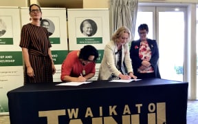 Rukumoana Schaafhause and Marae Tukere from Waikato-Tainui, with Oranga Tamariki chief executive Grainne Moss and Minister for Children Tracey Martin.
