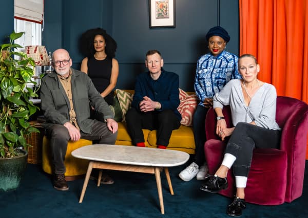 The Booker Prize 2025 judges, Ayọ̀bámi Adébáyọ̀, Chris Power, Kiley Reid, Roddy Doyle and Sarah Jessica Parker, photographed at Fortnum & Mason in London.