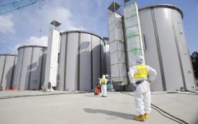 Storage tanks for radioactive water under construction at the Fukushima nuclear power plant.