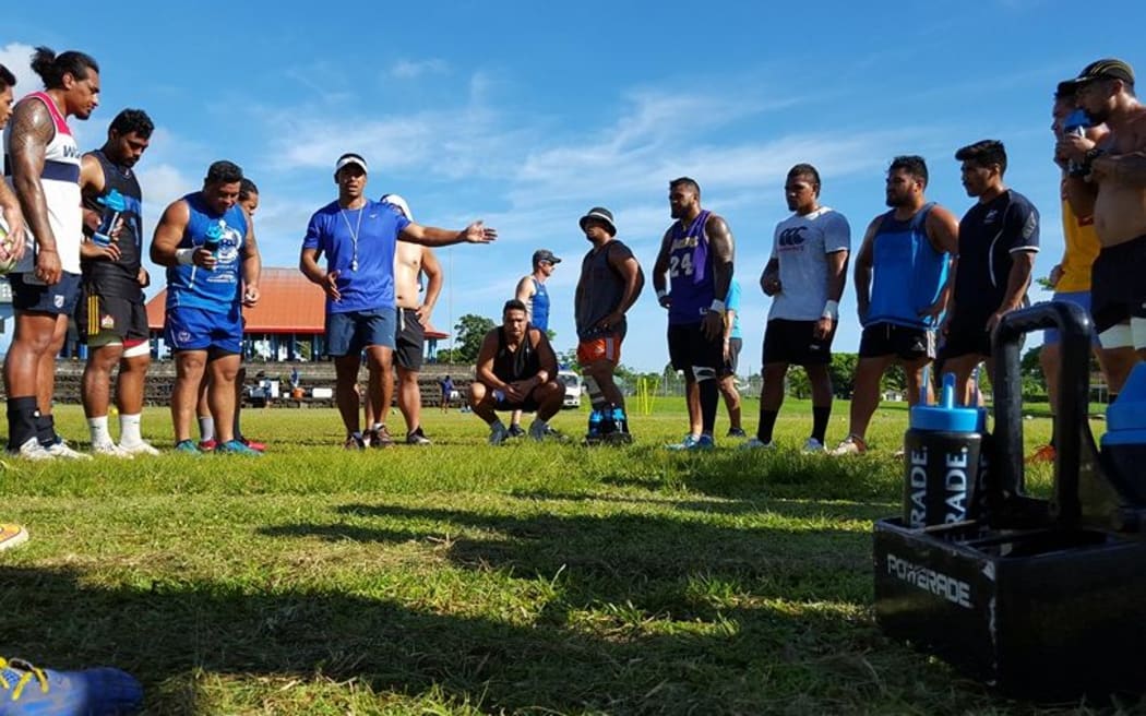 Manu Samoa coach Namulauulu Alama Ieremia addresses players at training.