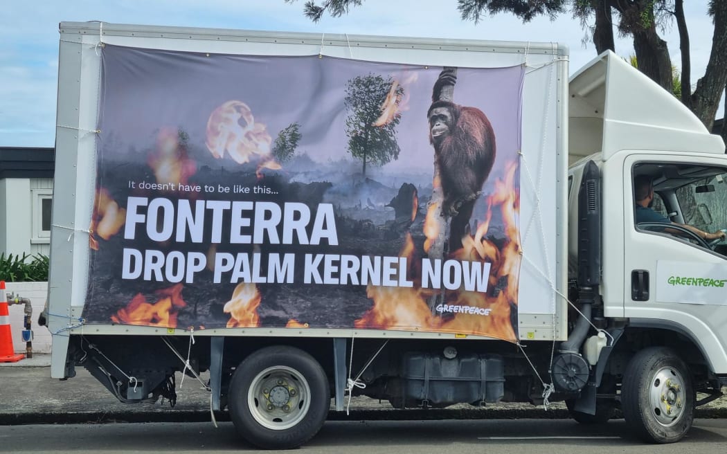 Delegates arriving at the Fonterra AGM were greeted by a Greenpeace protest about the use of palm kernel as a stock feed. Police prevented a truck displaying a protest banner from getting into the car park of the conference venue.