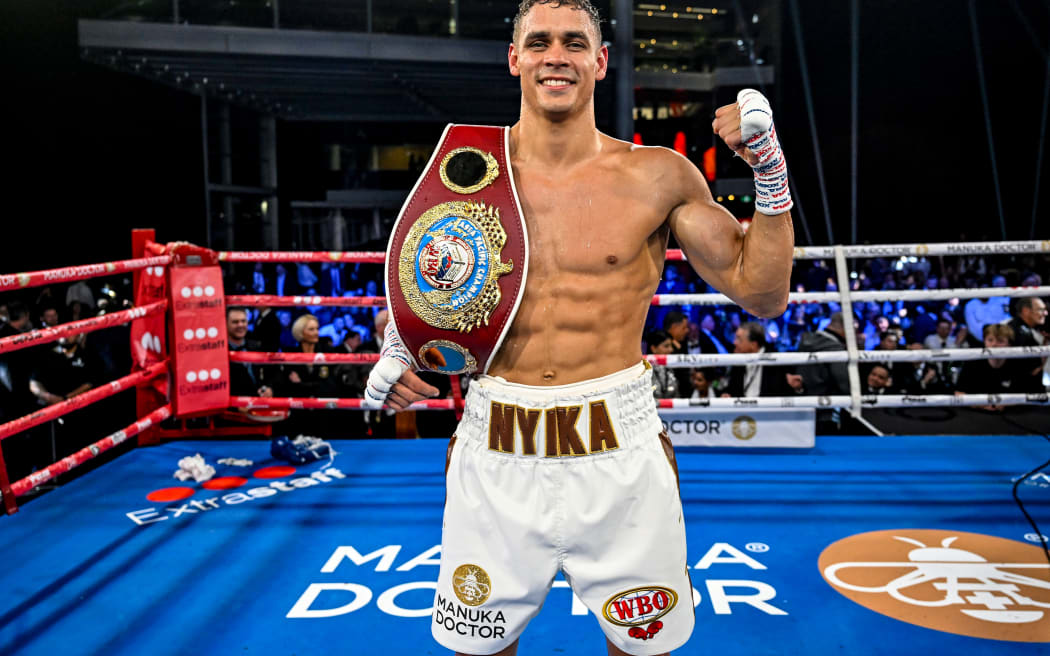 David Nyika celebrates with his WBO Asia Pacific Junior Heavyweight Title belt.
Bout 9 - IBF Intercontinental Cruiserweight Title & Vacant WBO Asia Pacific Junior Heavyweight Title fight, David Nyika (New Zealand) v Tommy Karpency (USA).
Duco Boxing Fight Night at the Viaduct Events Centre, Auckland, New Zealand on Saturday 14 September 2024. © Photo: Andrew Cornaga / Photosport