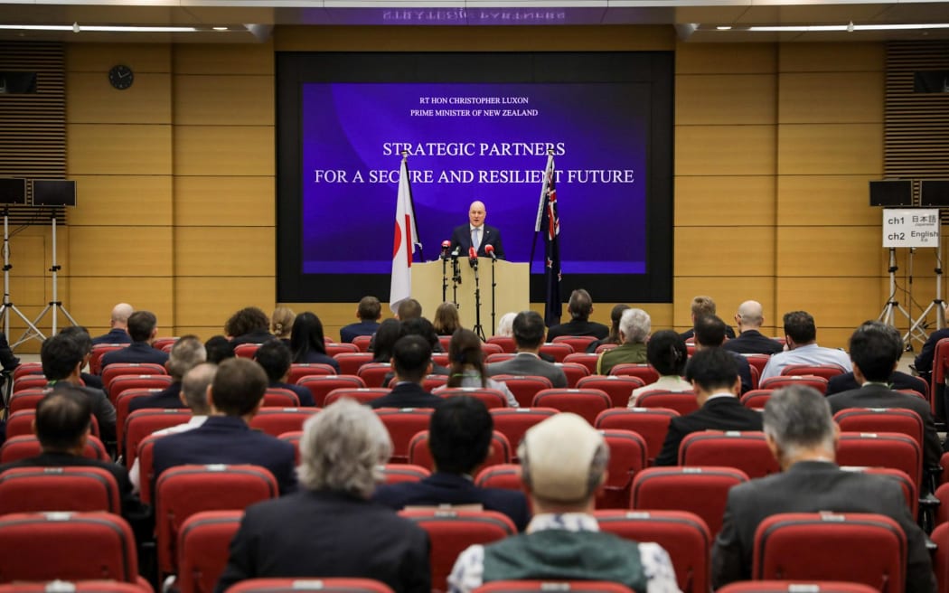 Prime Minister Christopher Luxon delivers a strategic security speech in the NEC building in Tokyo.