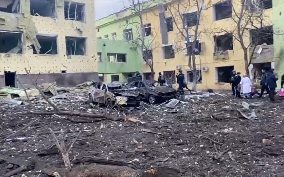 An image from footage released by the Ukraine Armed Forces on 9 March 9 2022 of what appeared to be destruction at a children's hospital in Mariupol, which Ukraine said had been bombed by the Russian military.