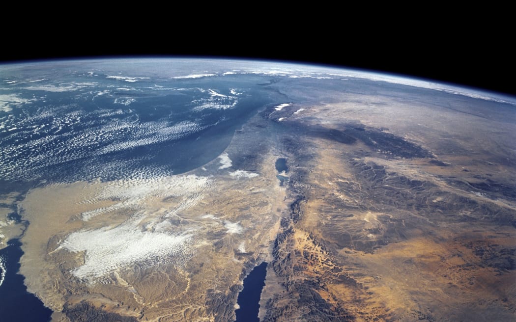 A photo taken by a crew member on the Space Shuttle Columbia, showing the Red Sea and Mediterranean Sea, in 2002.