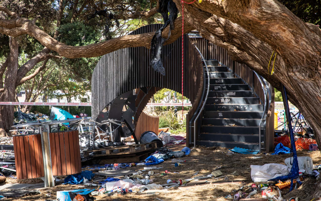 Rubbish surrounds the Parliament playground which was set ablaze by protesters yesterday.