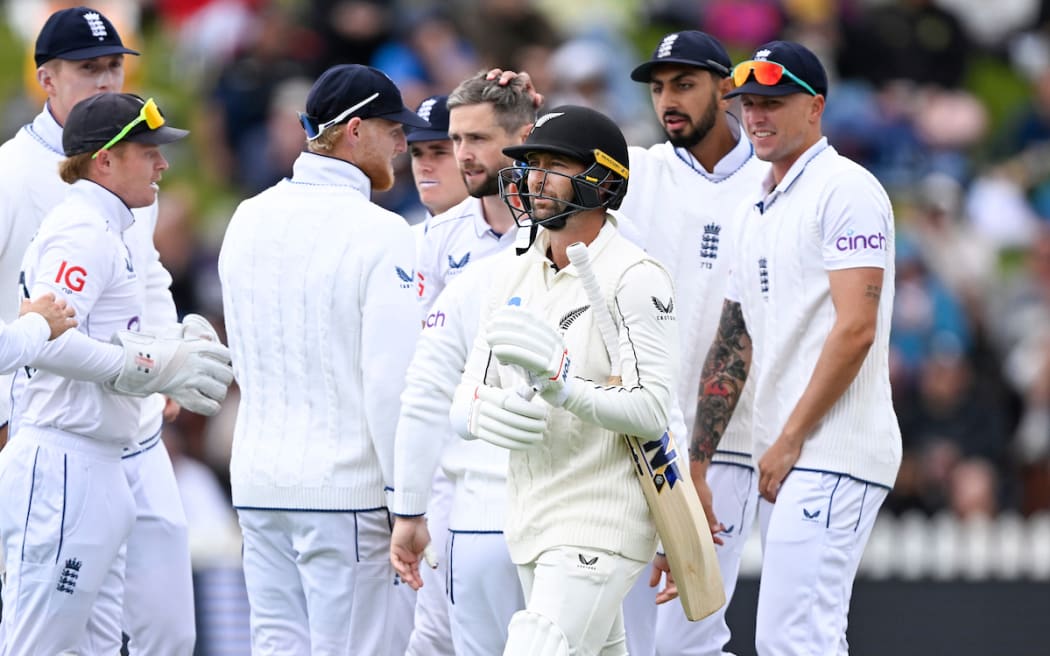 Devon Conway heads back to the dressing room on the third day of the second cricket test between New Zealand and England at the Basin Reserve, Wellington.