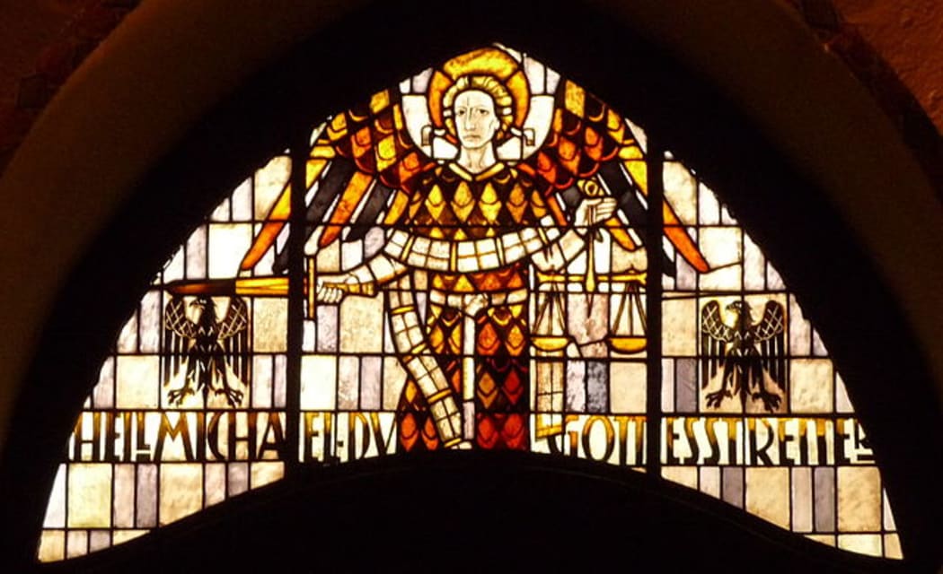 Saint Michael; stained glass in the Pfarrkirche St. Martin in Linz am Rhein (Germany).
