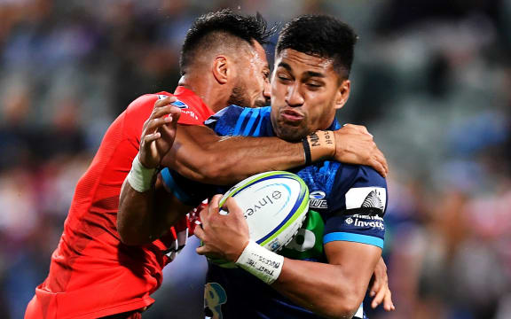 Blues winger Rieko Ioane is tackled high by Sunwolves Jamie Henry in a Super Rugby match last season.
