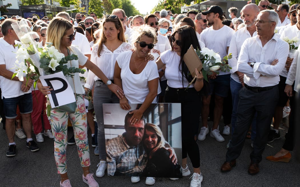 Veronique Monguillot, wife of bus driver Philippe Monguillot  in Bayonne, France, on July 8, 2020 during the white march for her husband, who was declared brain dead after being attacked for refusing to let aboard a group of people who were not wearing face masks. (Photo by Jerome Gilles/NurPhoto)