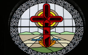 A stained glass window above the entrance to the Samoan Methodist Church in Levin.