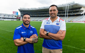 Manu Samoa halfback Dwayne Polotaivao and head coach Steve Jackson.